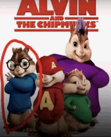 a poster for alvin and the chipmunks shows a chipmunk wearing glasses and a hat with the letter a on it