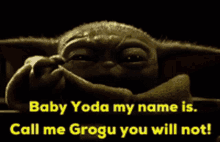 a picture of baby yoda with the words " baby yoda my name is call me grogu you will not "