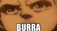 a close up of a cartoon character 's face with the word burra in white letters .