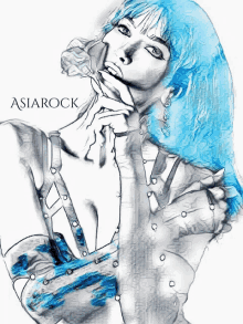 a drawing of a woman with blue hair and the word asiarock below her