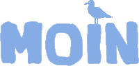 a blue moin logo with a bird on top of it