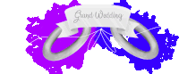 a sign that says grand wedding with purple and blue smoke