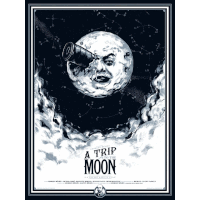 a poster for a trip to the moon shows a man looking through a telescope