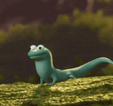 a cartoon lizard is standing on a rock and smiling
