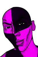 a cartoon drawing of a man wearing a half purple and half black mask