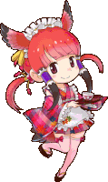 a drawing of a girl with red hair holding a tray