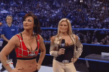 two women are standing in a wrestling ring and one is wearing a spider web top