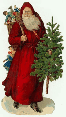 a painting of santa claus with a christmas tree