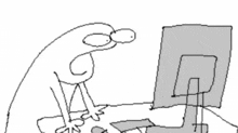 a drawing of a man looking at a computer monitor