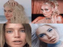 a collage of four pictures of a blonde woman with blue eyes