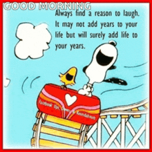 a cartoon of snoopy and woodstock on a roller coaster says good morning