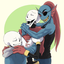 a drawing of a skeleton being hugged by another skeleton and a fish