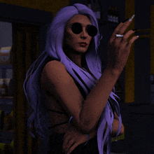 a woman with purple hair and sunglasses holds a cigarette in her hand