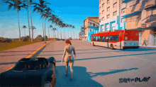 a woman in a bikini is walking down a street next to a red bus in a video game called sanplay