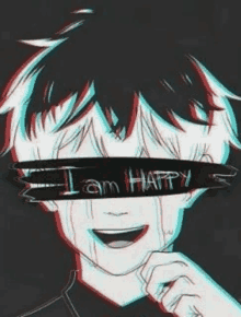 a boy with a bandage on his eyes that says `` i am happy '' is smiling .