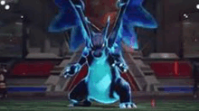 a blue dragon with wings is standing in a dark room in a video game .