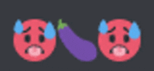 a purple eggplant next to a red face with sweat coming out of its eyes