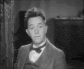 a man in a suit and bow tie looks at the camera