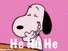 snoopy is laughing on a pink background with the words he he he