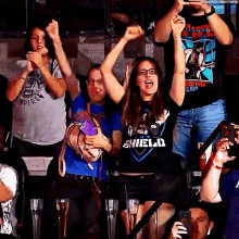 a group of people are sitting in a stadium with their arms in the air and one of them is wearing a shield shirt