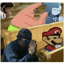 a man is praying in a church next to a cartoon character , patrick star , and mario .