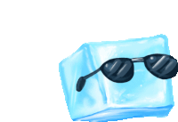 a blue ice cube wearing sunglasses on a white background