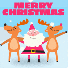 a christmas card with santa and two reindeer and the words merry christmas