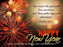 a happy new year greeting card with fireworks and a bible verse