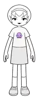 a black and white drawing of a girl wearing a white shirt with a purple skull on it