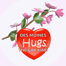 a red heart with the words des moines hugs the gay kind