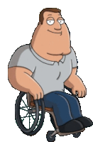 a cartoon character is sitting in a wheelchair and smiling