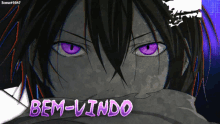 a picture of a person with purple eyes and the words bem-vindo