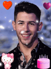 a man with a hello kitty and a birthday cake