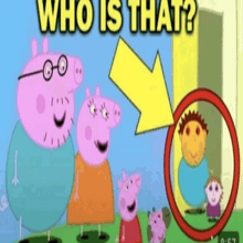 a peppa pig cartoon with a yellow arrow pointing to a man in a circle