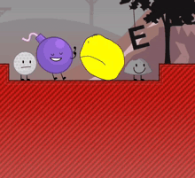 a purple bomb a yellow lemon and a rock are standing on a red wall