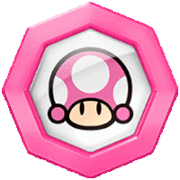 a pink badge with a mushroom in the middle