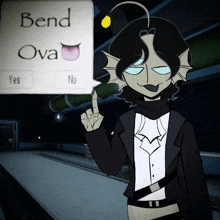 a cartoon character points to a sign that says bend ova yes and no