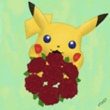 a pikachu holding a bouquet of red roses