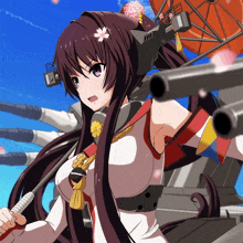 a girl with a flower in her hair is holding a sword in front of a cannon