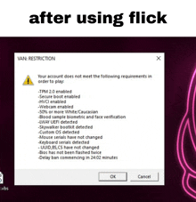 a computer screen that says after using flick on the top