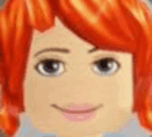 a close up of a lego girl 's face with red hair and blue eyes .