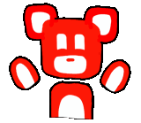 a red teddy bear with white circles on its ears