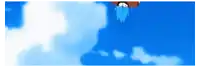 a blue sky with white clouds and a cartoon character flying through it