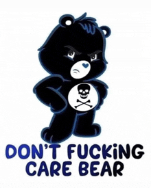 a care bear with a skull and crossbones on its chest is standing with its hands on its hips .