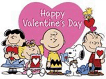 snoopy , charlie brown , lucy , and woodstock are standing in front of a pink heart .