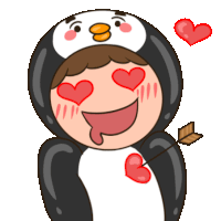 a cartoon of a penguin with hearts in his eyes and an arrow through his heart