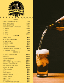 a menu for yellow jack with a picture of a beer being poured into a glass