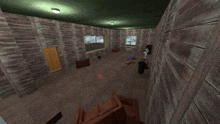 a computer generated image of a room with wood paneling and a couch