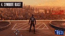 a video game screen shows a man standing in front of a city and the words symbiotic blast on the top