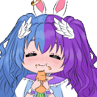 a drawing of a girl with bunny ears and wings eating a carrot